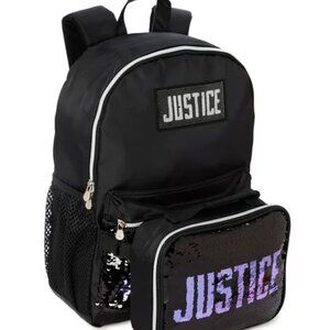 Justice Backpack Girls Purple & Black Sequins Backpack & Lunch Tote 2-piede